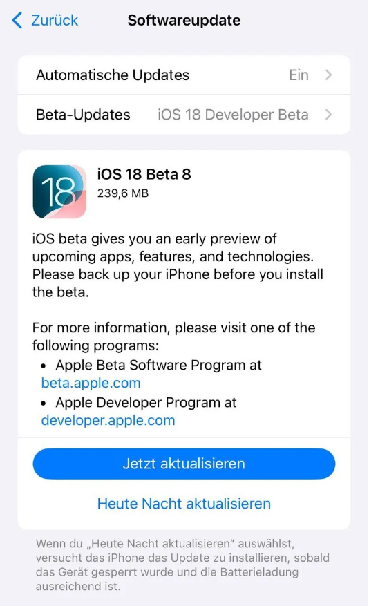 黟县苹果手机维修分享苹果 iOS / iPadOS 18 开发者预览版 Beta 8 发布 